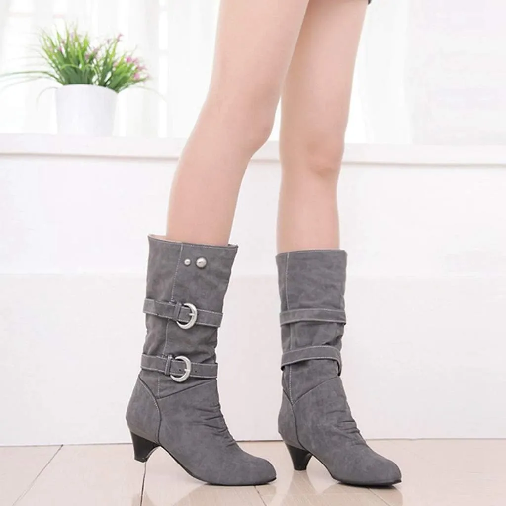 MIOKE Women's Winter Buckle Mid Calf Boots Round Toe Pull On Wide Width Kitten Low Heel Warm Slouch Boots