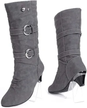 MIOKE Women's Winter Buckle Mid Calf Boots Round Toe Pull On Wide Width Kitten Low Heel Warm Slouch Boots