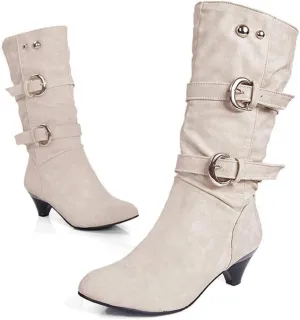 MIOKE Women's Winter Buckle Mid Calf Boots Round Toe Pull On Wide Width Kitten Low Heel Warm Slouch Boots