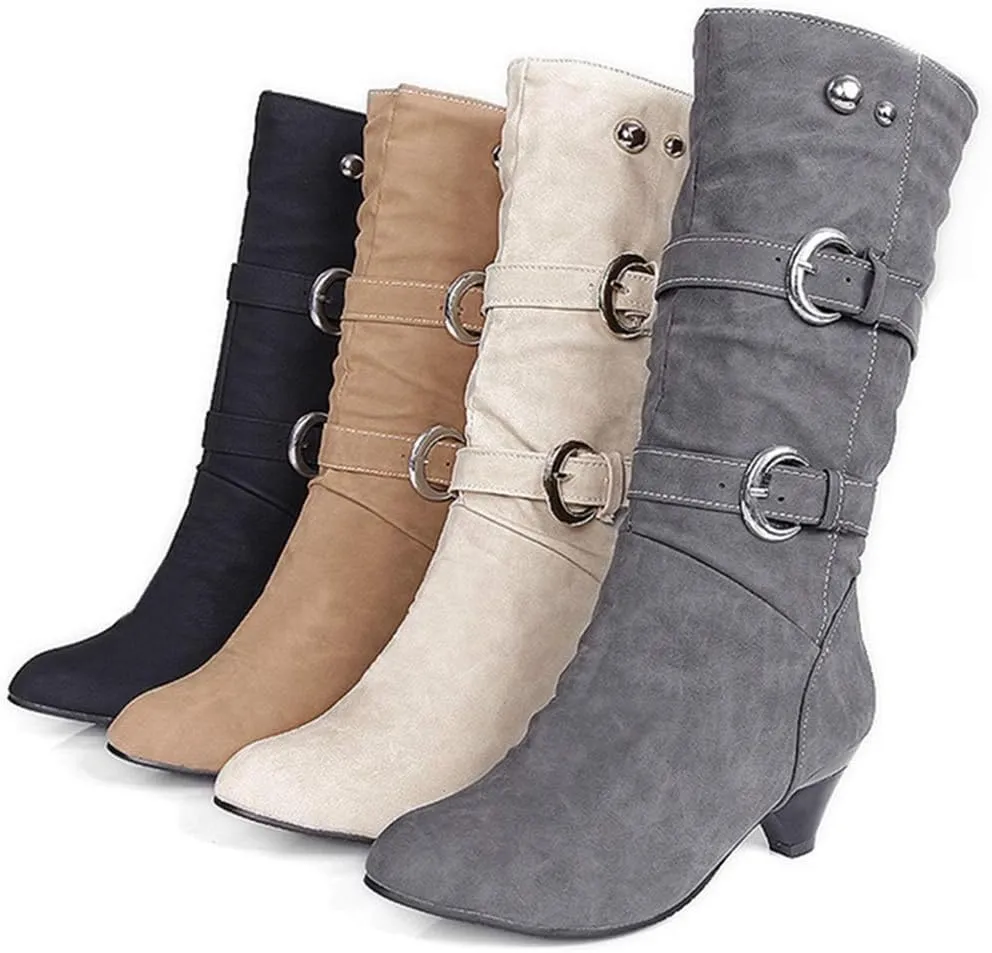 MIOKE Women's Winter Buckle Mid Calf Boots Round Toe Pull On Wide Width Kitten Low Heel Warm Slouch Boots