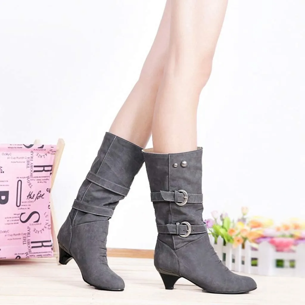 MIOKE Women's Winter Buckle Mid Calf Boots Round Toe Pull On Wide Width Kitten Low Heel Warm Slouch Boots