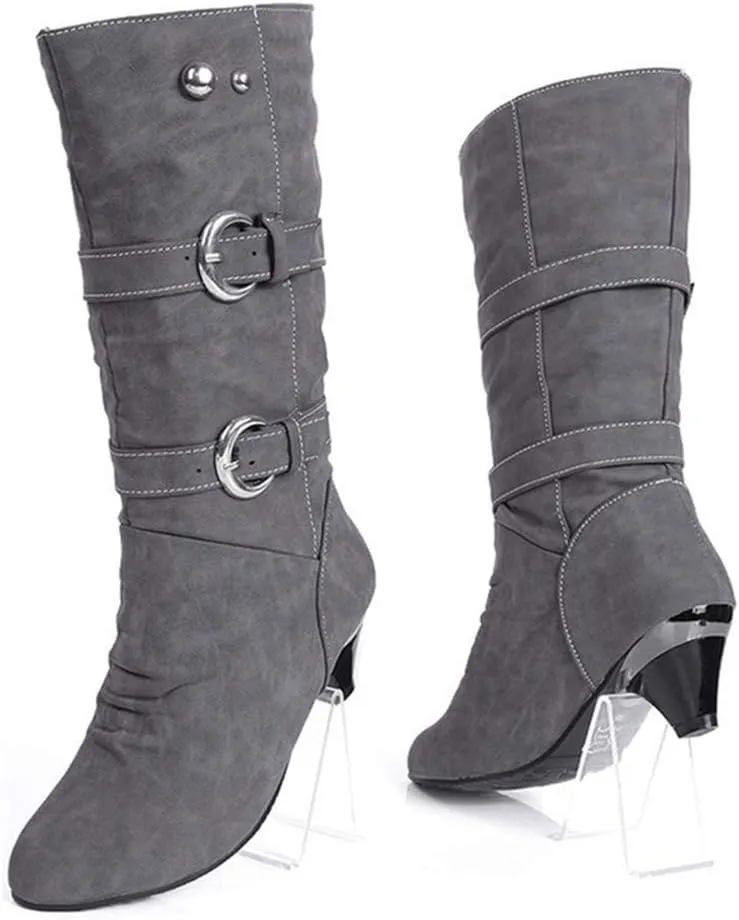 MIOKE Women's Winter Buckle Mid Calf Boots Round Toe Pull On Wide Width Kitten Low Heel Warm Slouch Boots
