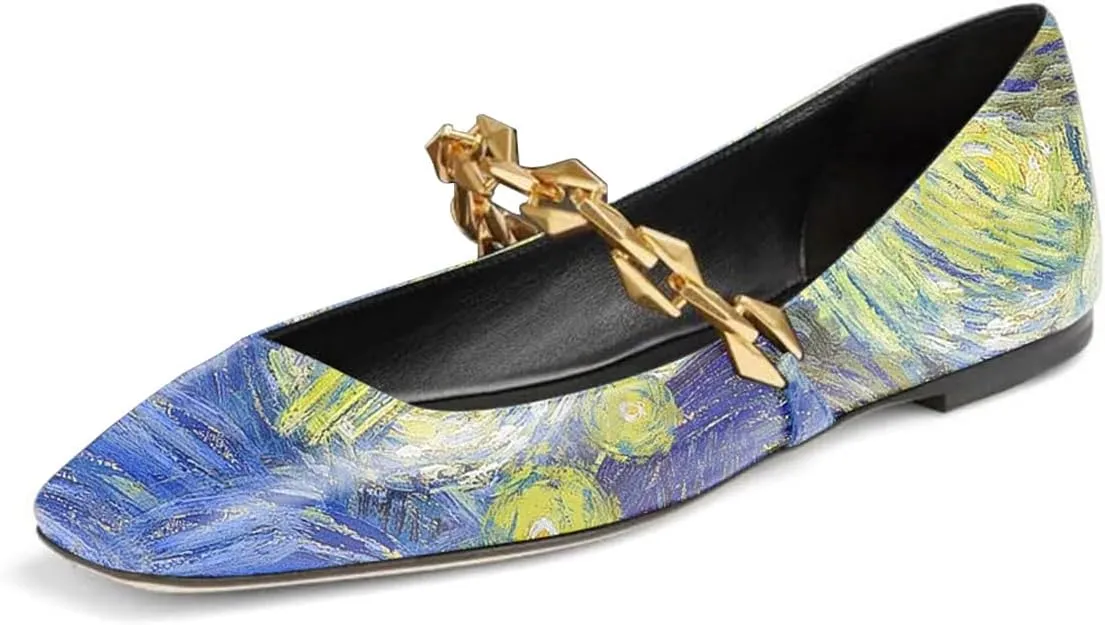 miss left Women Comfy Chain Strap Mary Janes Shoes Slip On Closed Square Toe Ballet Flats for Walking School Dressy Size 4-16 US
