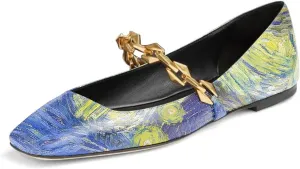 miss left Women Comfy Chain Strap Mary Janes Shoes Slip On Closed Square Toe Ballet Flats for Walking School Dressy Size 4-16 US