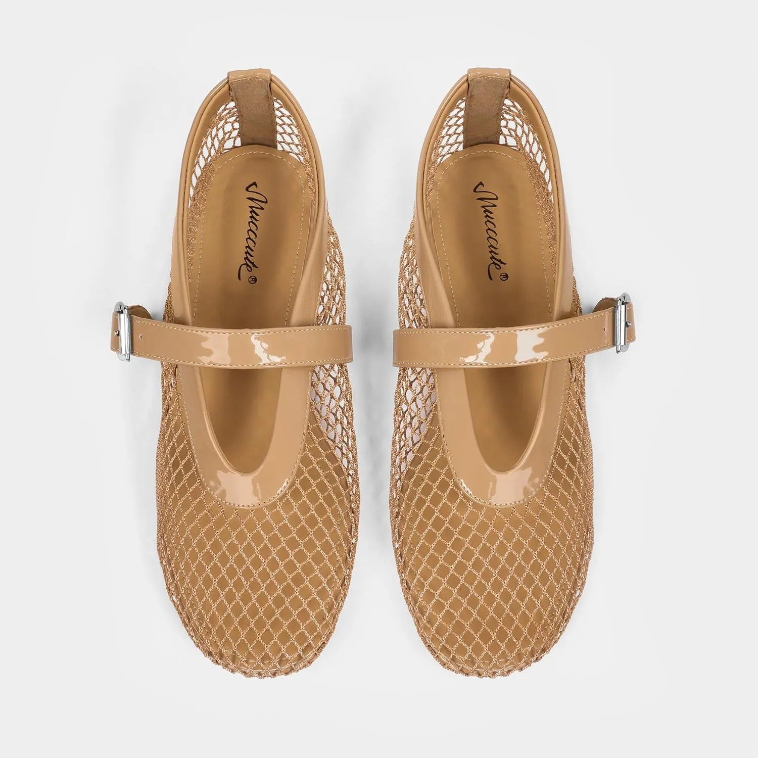 MUCCCUTE Mesh Ballet Flats for Women Mary Jane Flats Ballerina Round Toe Buckle Strap Fishnet Patent Leather Trimmed Comfy Shoes