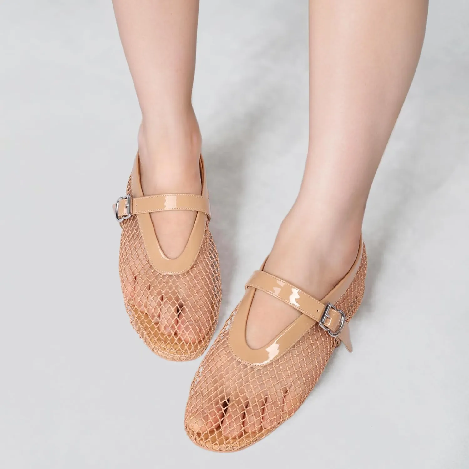 MUCCCUTE Mesh Ballet Flats for Women Mary Jane Flats Ballerina Round Toe Buckle Strap Fishnet Patent Leather Trimmed Comfy Shoes