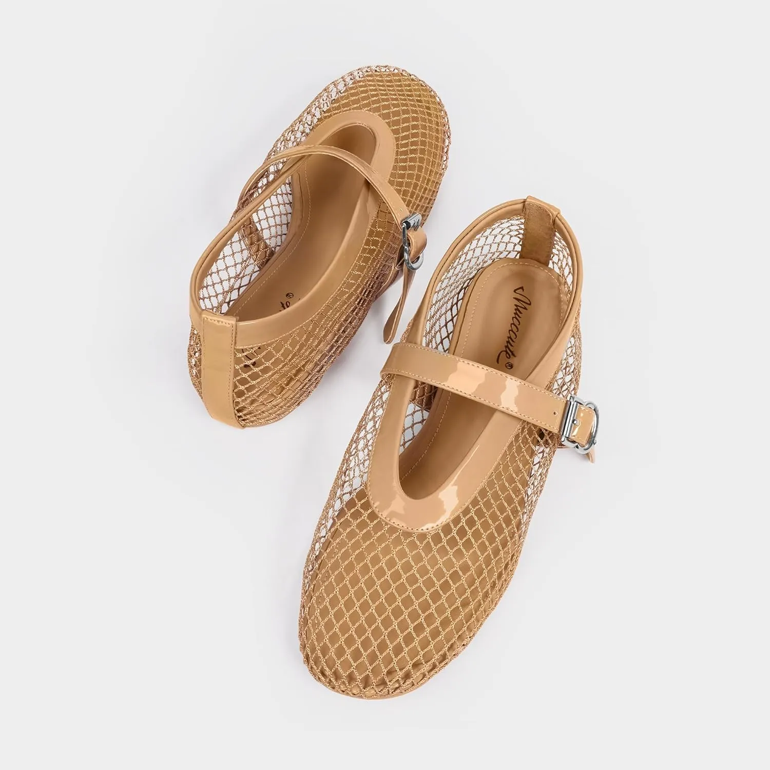 MUCCCUTE Mesh Ballet Flats for Women Mary Jane Flats Ballerina Round Toe Buckle Strap Fishnet Patent Leather Trimmed Comfy Shoes