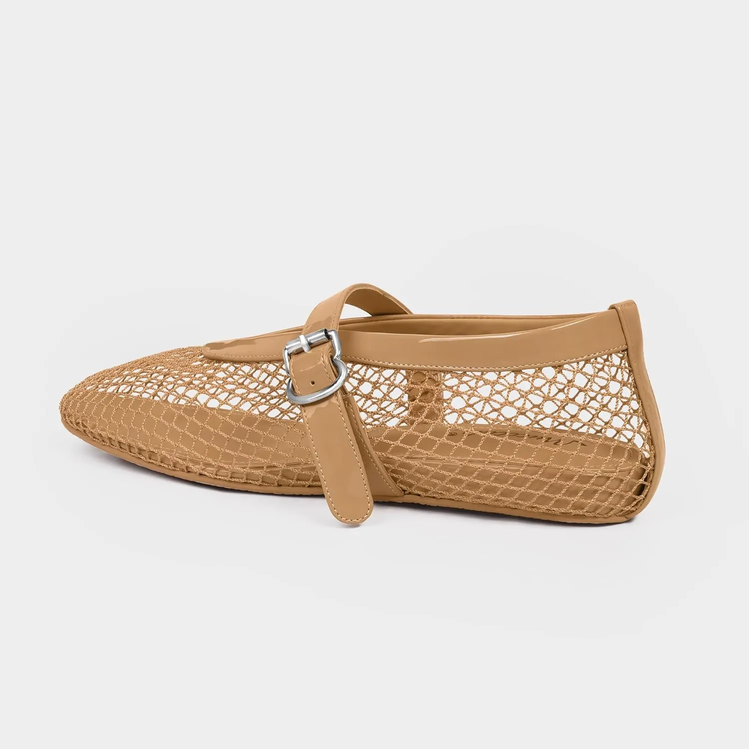 MUCCCUTE Mesh Ballet Flats for Women Mary Jane Flats Ballerina Round Toe Buckle Strap Fishnet Patent Leather Trimmed Comfy Shoes