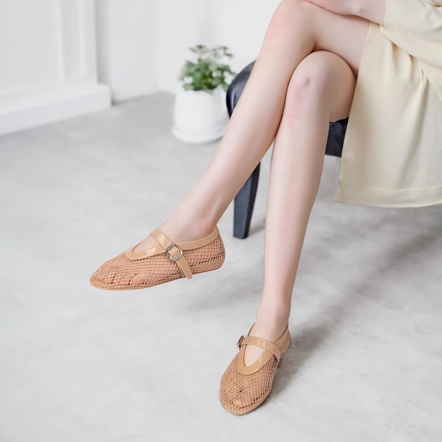 MUCCCUTE Mesh Ballet Flats for Women Mary Jane Flats Ballerina Round Toe Buckle Strap Fishnet Patent Leather Trimmed Comfy Shoes