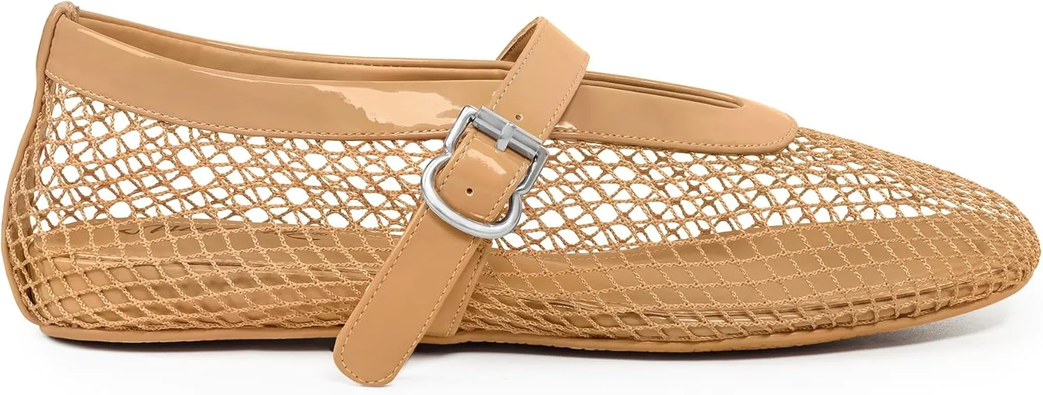 MUCCCUTE Mesh Ballet Flats for Women Mary Jane Flats Ballerina Round Toe Buckle Strap Fishnet Patent Leather Trimmed Comfy Shoes