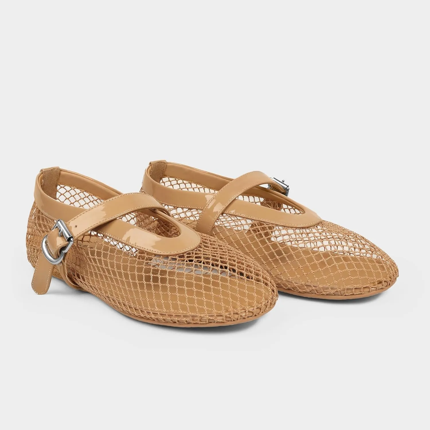 MUCCCUTE Mesh Ballet Flats for Women Mary Jane Flats Ballerina Round Toe Buckle Strap Fishnet Patent Leather Trimmed Comfy Shoes