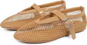 MUCCCUTE Mesh Ballet Flats for Women Mary Jane Flats Ballerina Round Toe Buckle Strap Fishnet Patent Leather Trimmed Comfy Shoes