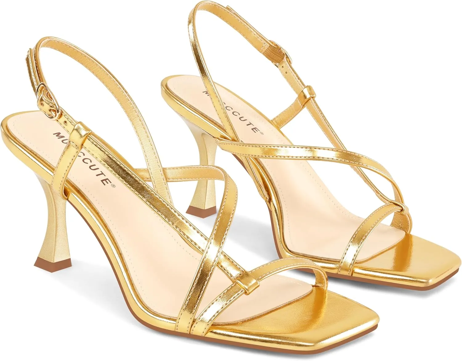 MUCCCUTE Strappy Kitten Heels for Women Square Open Toe Heeled Sandals Ankle Strap Party Prom Wedding Dressy