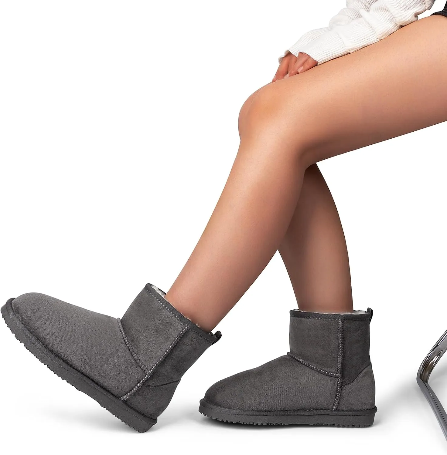 MUSSHOE Winter Boots for Women Classic Snow Boots Comfortable Cow Suede Leather Slip on Booties Fur Lined Warm Boots Waterproof