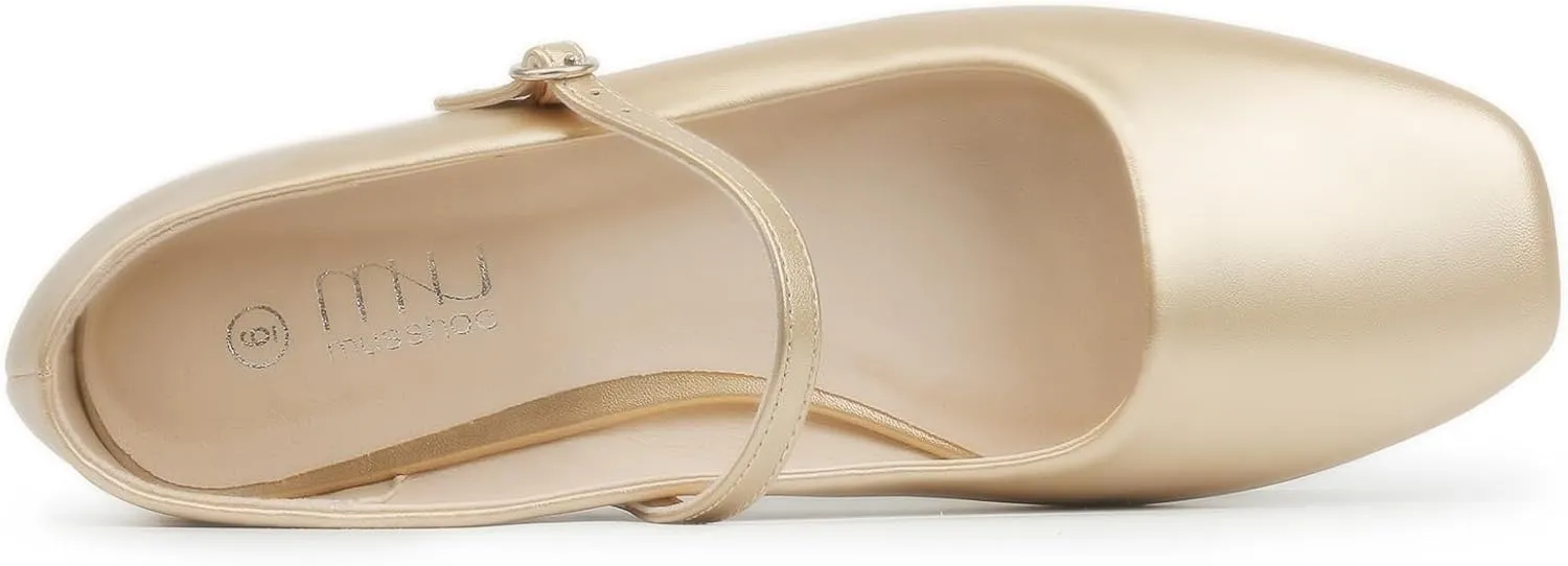 MUSSHOE Womens Ballet Mary Jane Flats Shoes Adjustable Strap Comfortable Square Closed Toe Versatile Chic Footwear with Latex Insole