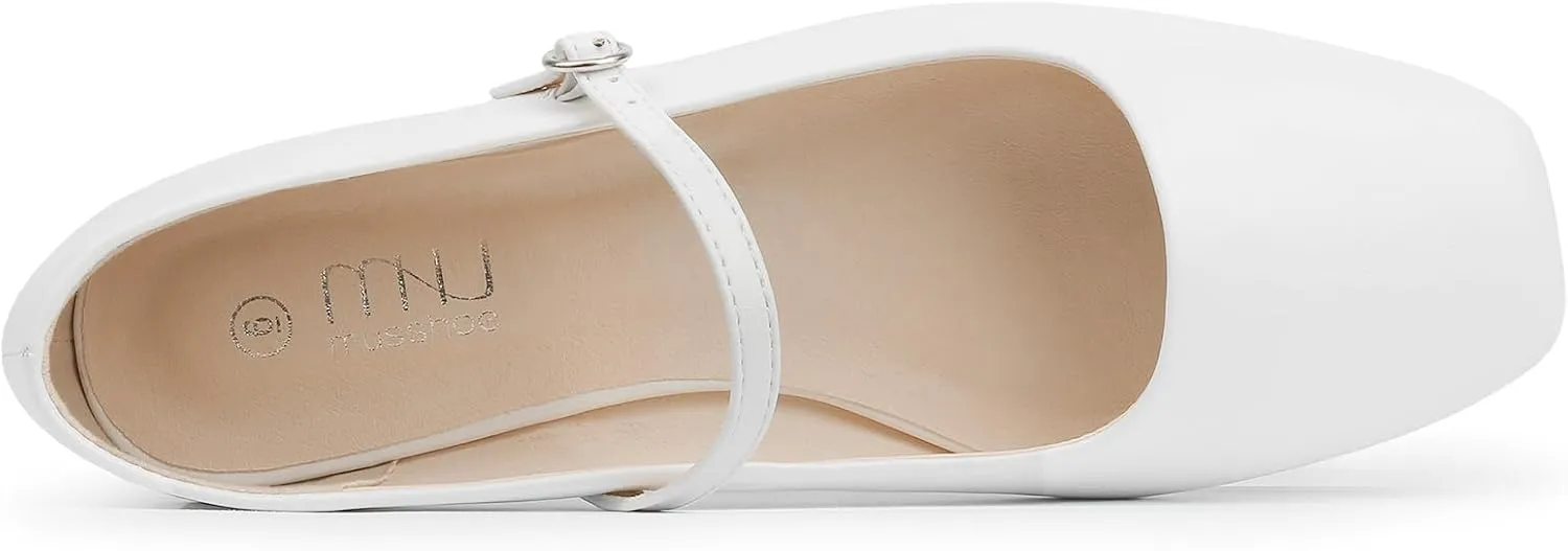 MUSSHOE Womens Ballet Mary Jane Flats Shoes Adjustable Strap Comfortable Square Closed Toe Versatile Chic Footwear with Latex Insole