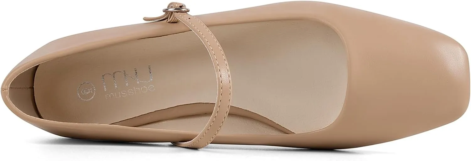 MUSSHOE Womens Ballet Mary Jane Flats Shoes Adjustable Strap Comfortable Square Closed Toe Versatile Chic Footwear with Latex Insole