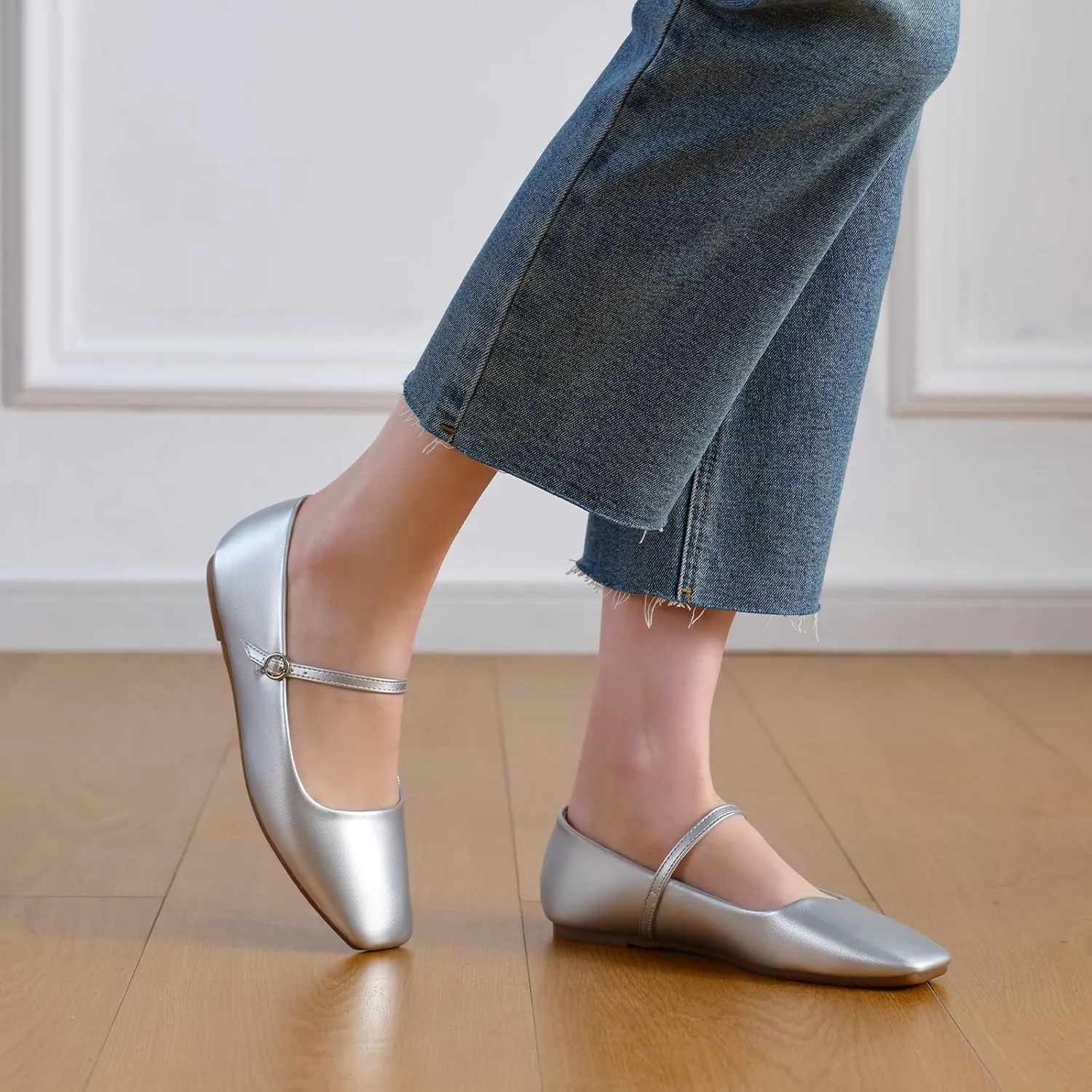 MUSSHOE Womens Ballet Mary Jane Flats Shoes Adjustable Strap Comfortable Square Closed Toe Versatile Chic Footwear with Latex Insole