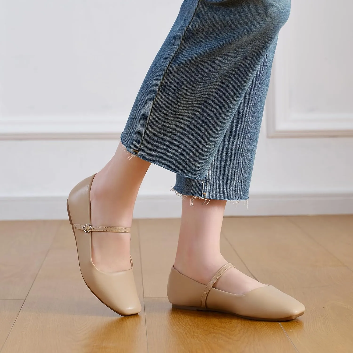 MUSSHOE Womens Ballet Mary Jane Flats Shoes Adjustable Strap Comfortable Square Closed Toe Versatile Chic Footwear with Latex Insole