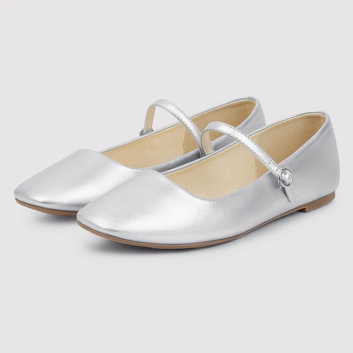 MUSSHOE Womens Ballet Mary Jane Flats Shoes Adjustable Strap Comfortable Square Closed Toe Versatile Chic Footwear with Latex Insole