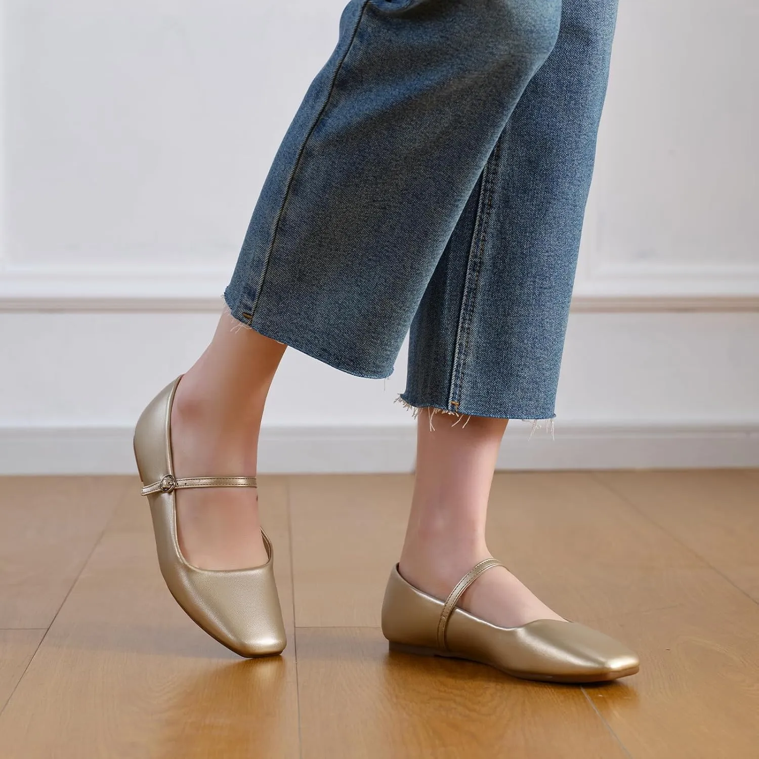 MUSSHOE Womens Ballet Mary Jane Flats Shoes Adjustable Strap Comfortable Square Closed Toe Versatile Chic Footwear with Latex Insole
