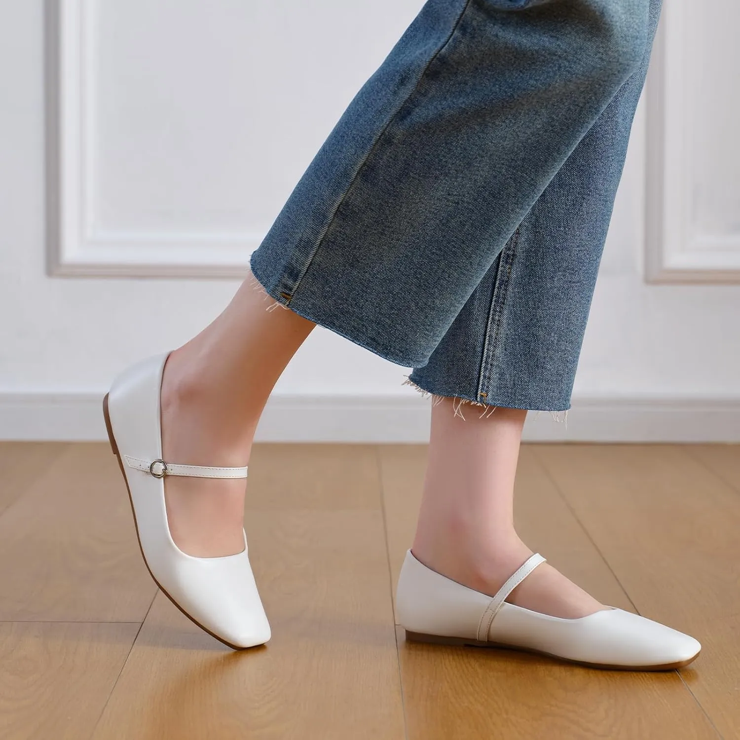 MUSSHOE Womens Ballet Mary Jane Flats Shoes Adjustable Strap Comfortable Square Closed Toe Versatile Chic Footwear with Latex Insole