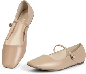 MUSSHOE Womens Ballet Mary Jane Flats Shoes Adjustable Strap Comfortable Square Closed Toe Versatile Chic Footwear with Latex Insole