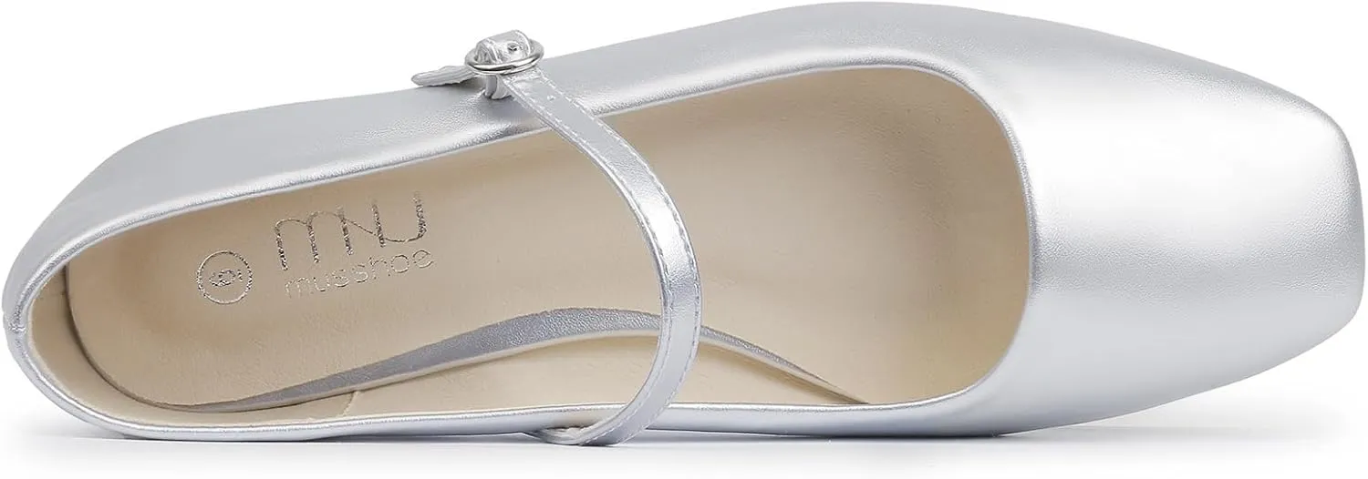 MUSSHOE Womens Ballet Mary Jane Flats Shoes Adjustable Strap Comfortable Square Closed Toe Versatile Chic Footwear with Latex Insole