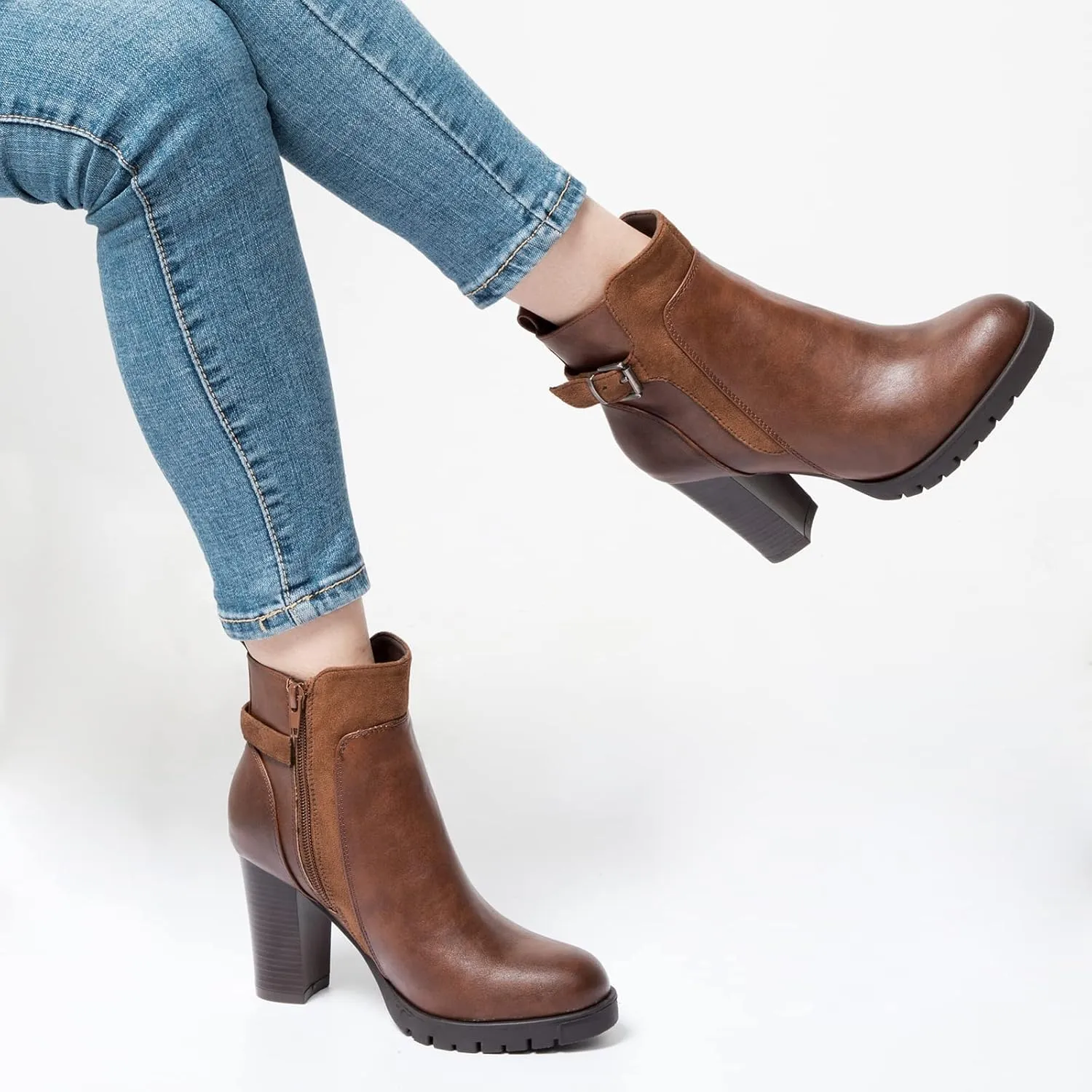 mysoft Women's Ankle Boots Chunky Stacked Heel Zipper Booties - Available in Wide Sizes