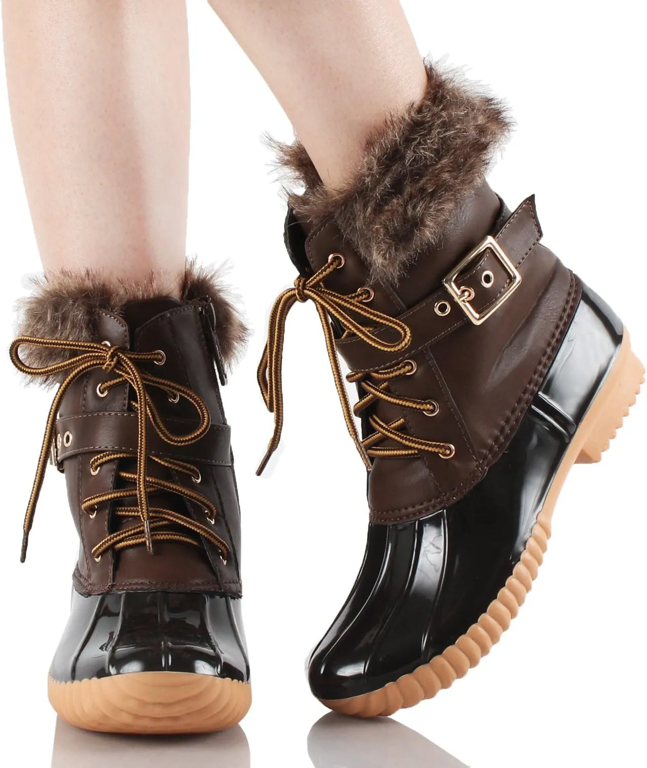 Nature Breeze Duck-01 Women's Chic Lace Up Buckled Duck Waterproof Snow Boots