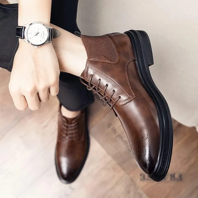 New Lace Up Boots For Men Round Burnished Toe Brogue Embossed Vegan Leather Resistant Non Slip Block Heel Stylish Formal Vintage