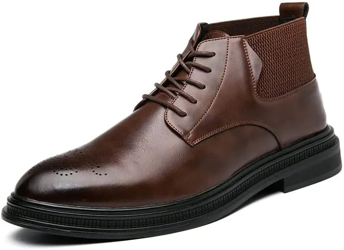 New Lace Up Boots For Men Round Burnished Toe Brogue Embossed Vegan Leather Resistant Non Slip Block Heel Stylish Formal Vintage