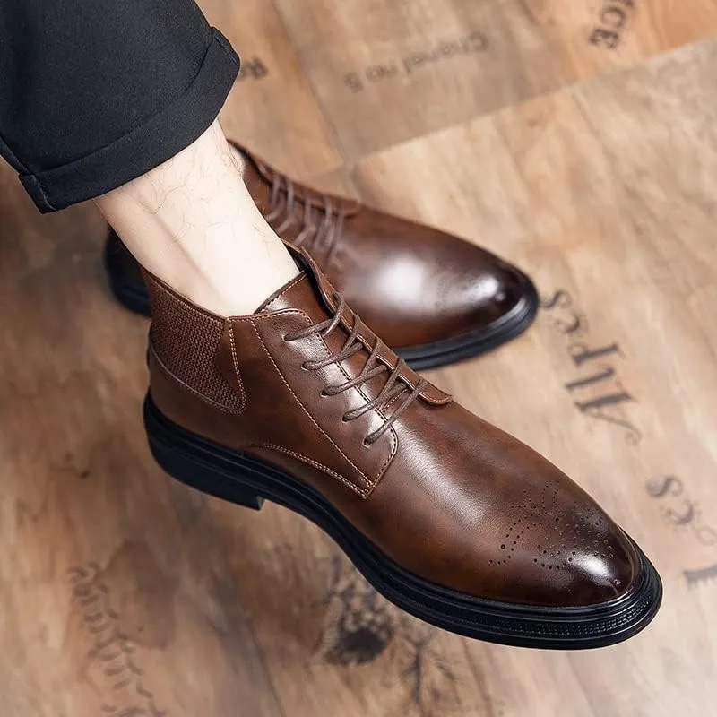 New Lace Up Boots For Men Round Burnished Toe Brogue Embossed Vegan Leather Resistant Non Slip Block Heel Stylish Formal Vintage