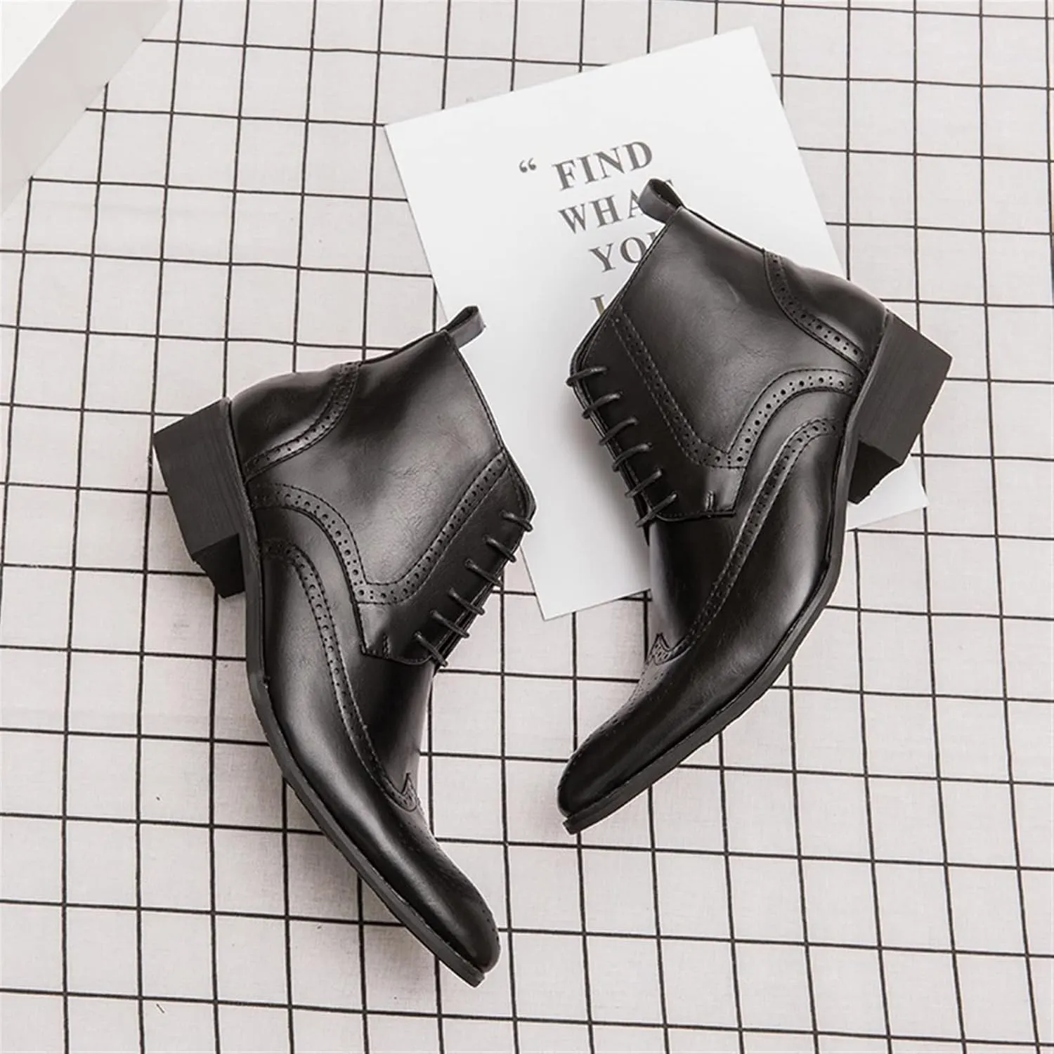 New Men's Ankle Boots Anti-slip Block Heel Slip Resistant Snip Toe Burnished Toe Carved Brogue Win Tip PU Formal Work Stylish