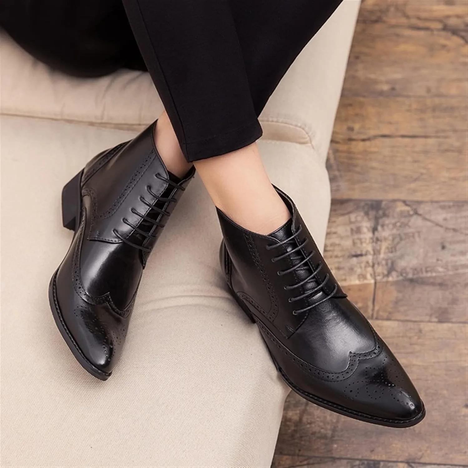 New Men's Ankle Boots Anti-slip Block Heel Slip Resistant Snip Toe Burnished Toe Carved Brogue Win Tip PU Formal Work Stylish