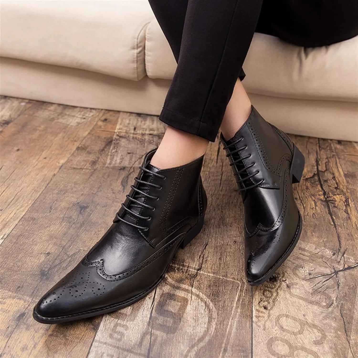 New Men's Ankle Boots Anti-slip Block Heel Slip Resistant Snip Toe Burnished Toe Carved Brogue Win Tip PU Formal Work Stylish