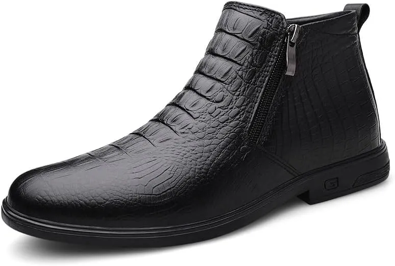 New Men's Ankle Boots Slip Resistant Block Heel Leather Crocodile Print Double Side Zip Classic Vintage