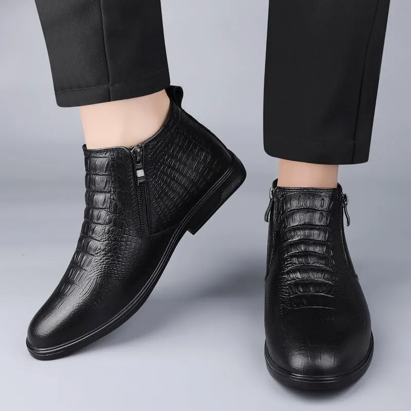 New Men's Ankle Boots Slip Resistant Block Heel Leather Crocodile Print Double Side Zip Classic Vintage