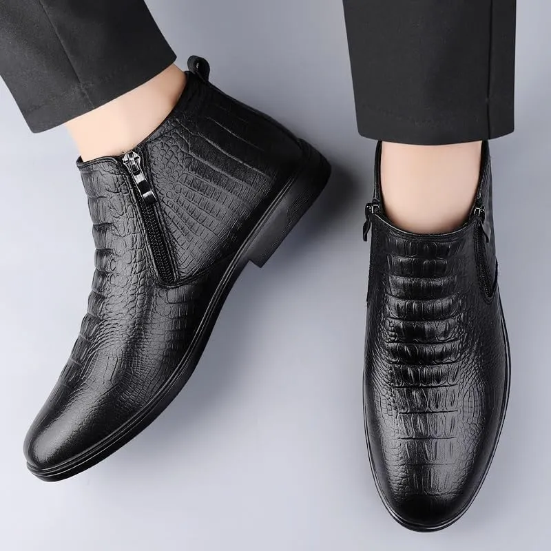 New Men's Ankle Boots Slip Resistant Block Heel Leather Crocodile Print Double Side Zip Classic Vintage