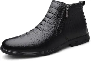New Men's Ankle Boots Slip Resistant Block Heel Leather Crocodile Print Double Side Zip Classic Vintage