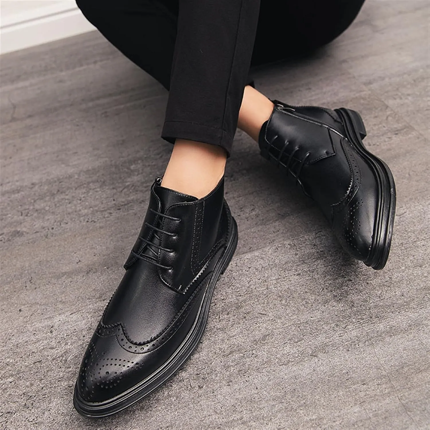 New Mens Ankle Boots Slip Resistant Wearable Block Heel Carved Brogue Win Tip Side Zip Vegan Leather Vintage Stylish