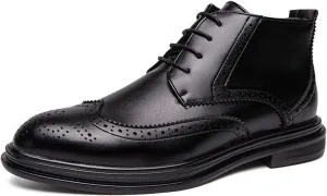 New Mens Ankle Boots Slip Resistant Wearable Block Heel Carved Brogue Win Tip Side Zip Vegan Leather Vintage Stylish