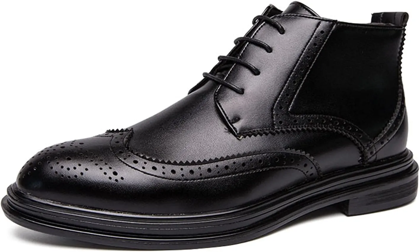 New Mens Ankle Boots Slip Resistant Wearable Block Heel Carved Brogue Win Tip Side Zip Vegan Leather Vintage Stylish