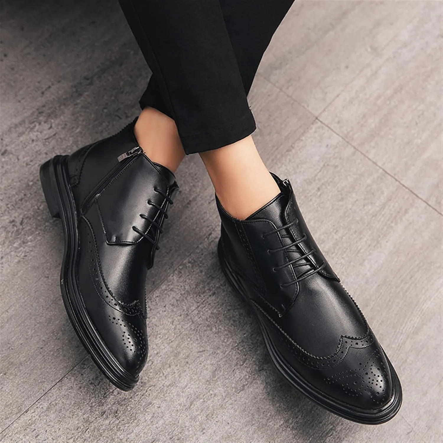 New Mens Ankle Boots Slip Resistant Wearable Block Heel Carved Brogue Win Tip Side Zip Vegan Leather Vintage Stylish