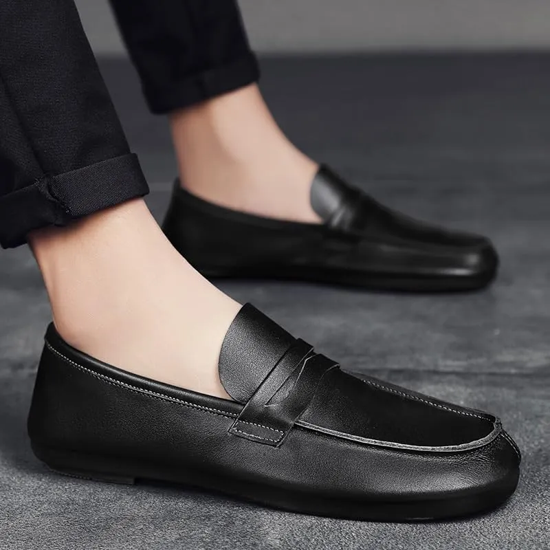 New Men's Loafers Round Toe Split Toe Solid Color Leather Penny Loafers Flexible Lightweight Comfortable Fashion Slip-on