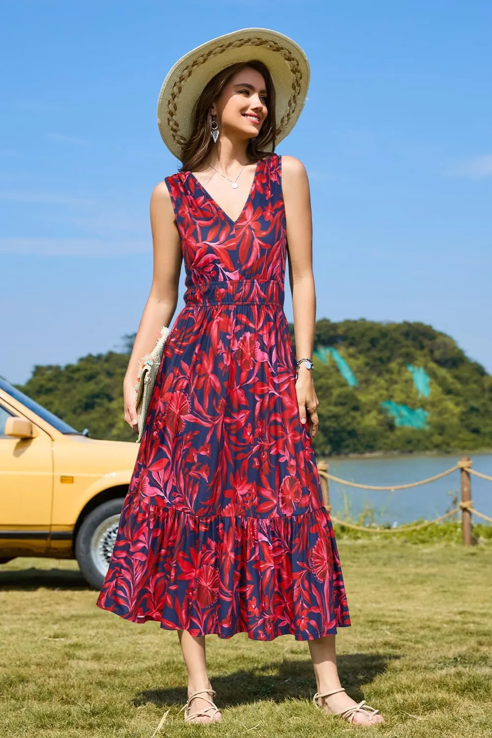 Newshows Women's 2025 Summer Dress Vacation V Neck Sleeveless Midi Dress Tiered Tank Swing Sundress with Pockets