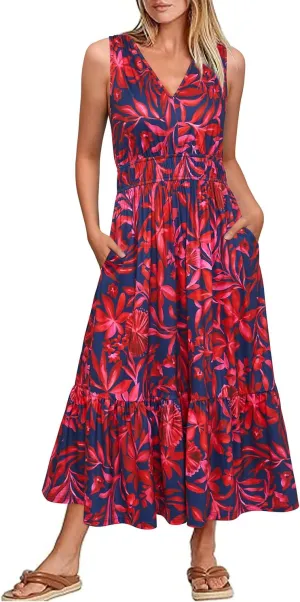 Newshows Women's 2025 Summer Dress Vacation V Neck Sleeveless Midi Dress Tiered Tank Swing Sundress with Pockets