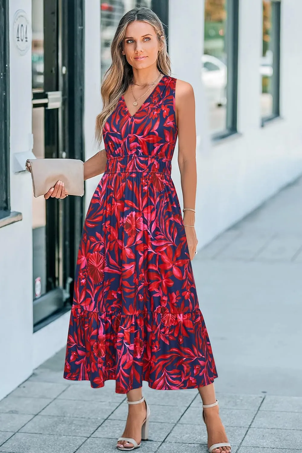 Newshows Women's 2025 Summer Dress Vacation V Neck Sleeveless Midi Dress Tiered Tank Swing Sundress with Pockets