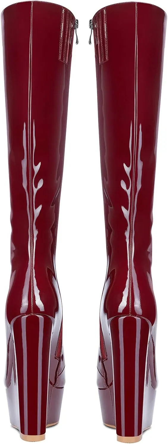 NobleOnly Women's High Heels Platform Wedge Mid Calf Boots Round Toe Lace Up Boot with Zipper Basic Office Boot 6" Heel Shoes