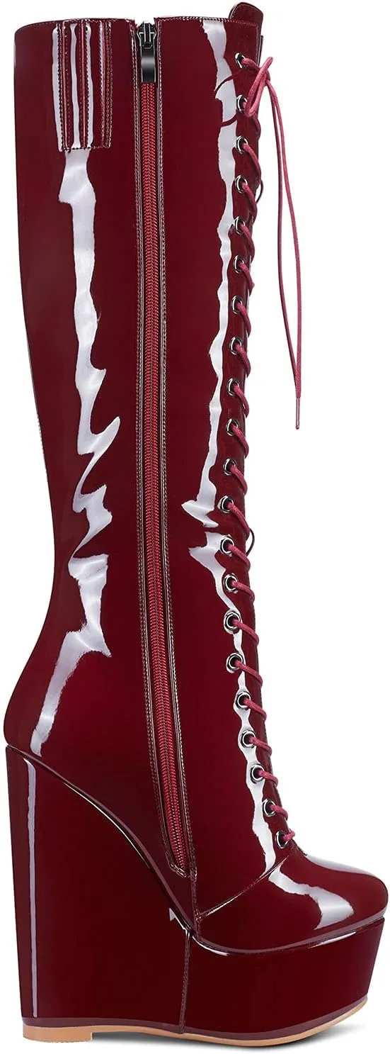 NobleOnly Women's High Heels Platform Wedge Mid Calf Boots Round Toe Lace Up Boot with Zipper Basic Office Boot 6" Heel Shoes